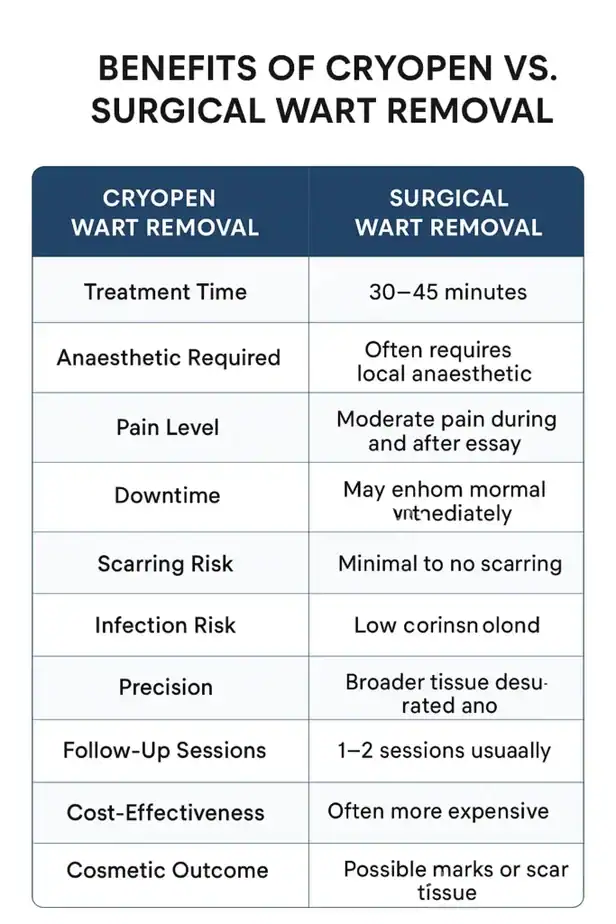 Table showing the benefits of cryopen to remove warts Barking compared to surgical treatment